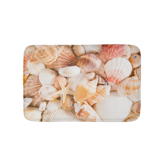 Hintergrund der Muscheln: Meeresthema. Badematte (Vorderseite)