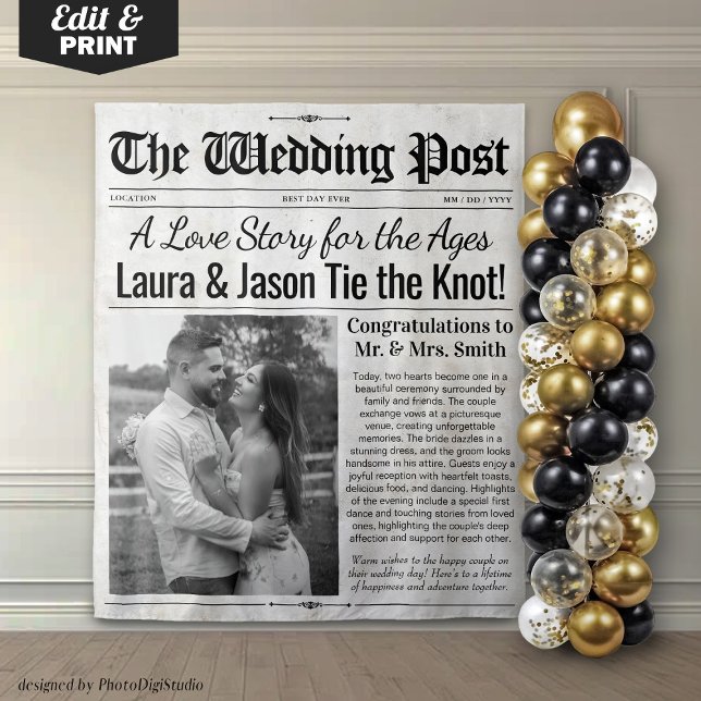 Hintergrund der personalisierten Hochzeitung mit F Wandteppich (Personalized Wedding Newspaper Backdrop with Photo)