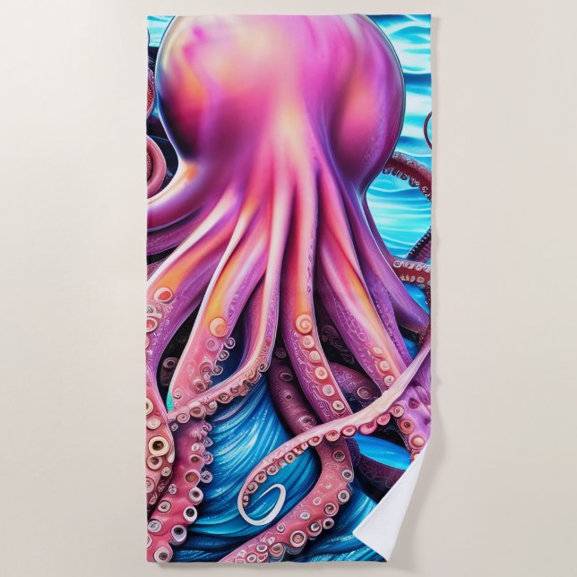 Hintergrund der rosa Octopus Blue Ocean Wave Strandtuch (Vorderseite)