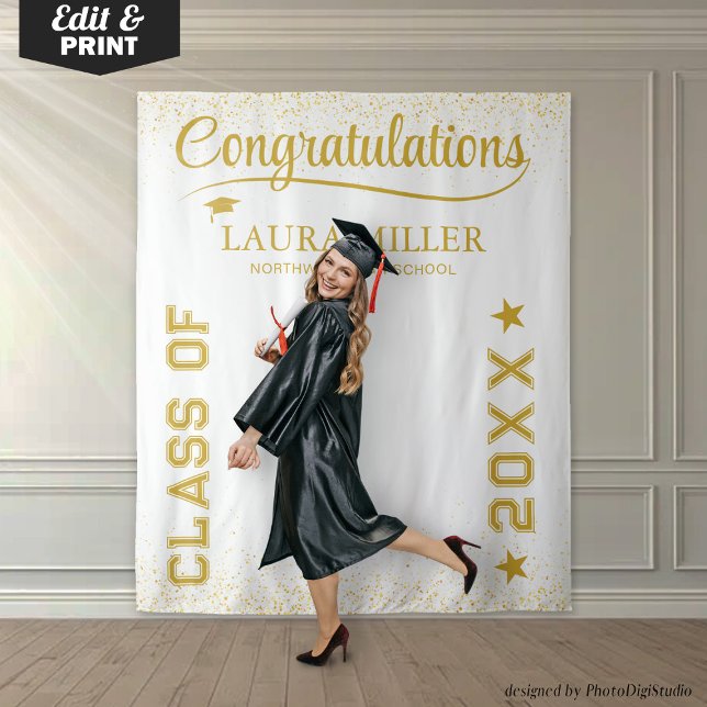 Hintergrund des bearbeitbaren Fotos mit dem White  Wandteppich (Editable White & Gold Graduation Photo Backdrop)