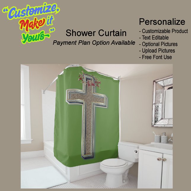 Hintergrund des Duschvorhangs Duschvorhang (Cross Biblical Shower Curtain Featuring a Green Background.)