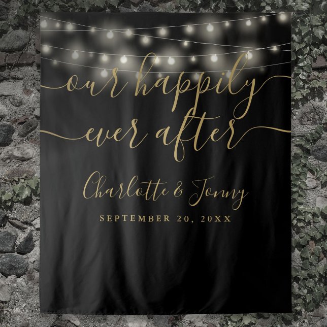 Hintergrund des Fotos "Black Gold Wedding" von Str Wandteppich (String Lights Black Gold Wedding Photo Backdrop)