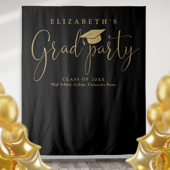 Hintergrund des Fotos der Black and Gold Graduatio Wandteppich (Black And Gold Graduation Party Photo Backdrop)