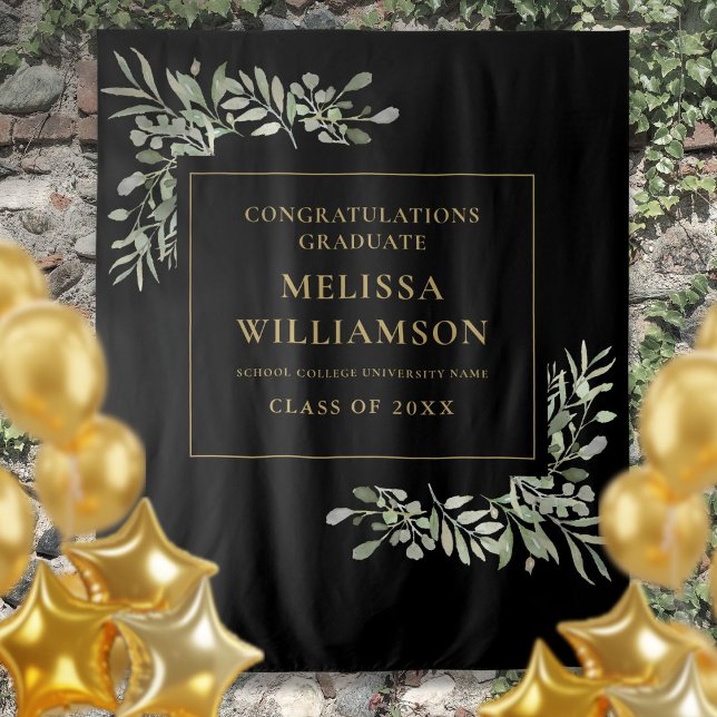 Hintergrund des Fotos Greenery Black and Gold Absc Wandteppich (Greenery Black And Gold Graduation Photo Backdrop)