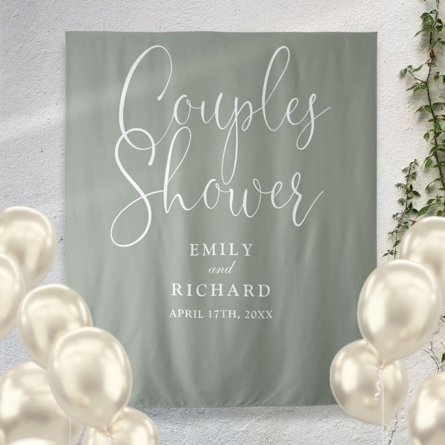 Hintergrund des Fotos "Sage Green Couples Polterab Wandteppich (Sage Green Couples Wedding Shower Photo Backdrop)