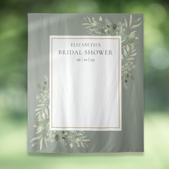 Hintergrund des Fotos "Sage Green Foliage Brautpar Wandteppich (Sage Green Foliage Bridal Shower Photo Backdrop)
