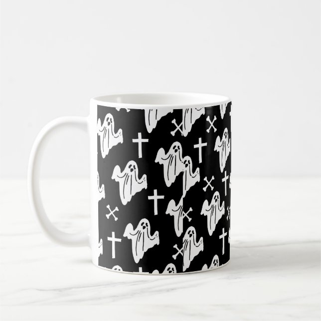 Hintergrund des handgezeichneten Halloween-Musters Kaffeetasse (Links)