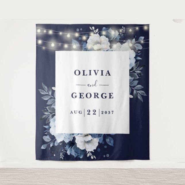 Hintergrund des Navy Blue String Light Floral Foto Wandteppich (Vorderseite)