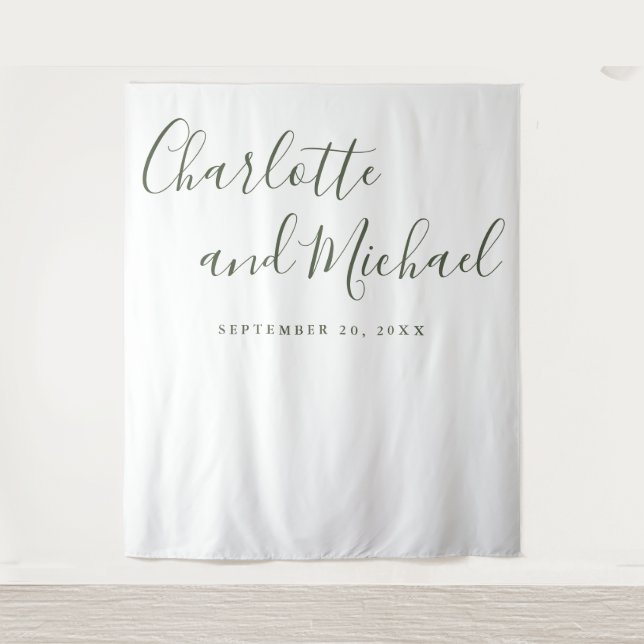 Hintergrund des Olive Green Script Wedding Foto Bo Wandteppich (Vorderseite)