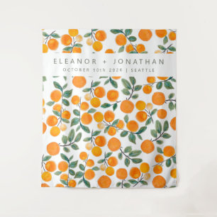 Hintergrund des Orangenzitrus-Fotos mit Aquarellfa Wandteppich