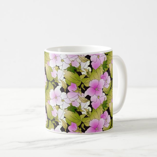 Hintergrund des rosafarbenen, grünen Blumenmusters Kaffeetasse (VorderseiteRechts)
