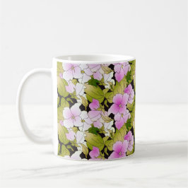 Hintergrund des rosafarbenen, grünen Blumenmusters Kaffeetasse