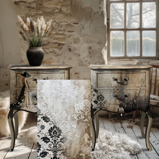 Hintergrund des Shabby Chic Schwarz & Beige Gezwit Seidenpapier (Black Tie, Elegant, Rustic, Shabby Chic Raised Demask, Moody Aesthetics, Decoupage Tissue Paper.)