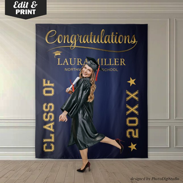 Hintergrund für bearbeitbare Navy & Gold Abschluss Wandteppich (Editable Navy & Gold Graduation Photo Backdrop)