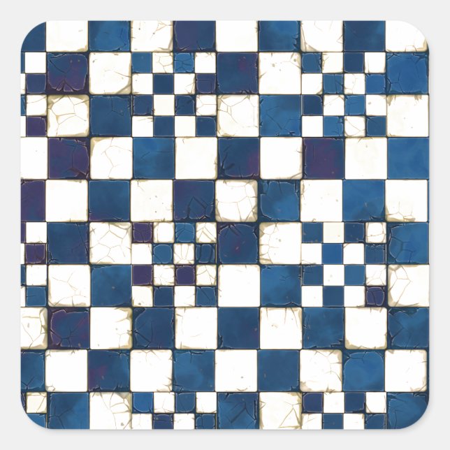 Hintergrund für blaue und weiße, gebrochene Fliese Quadratischer Aufkleber (Vorderseite)