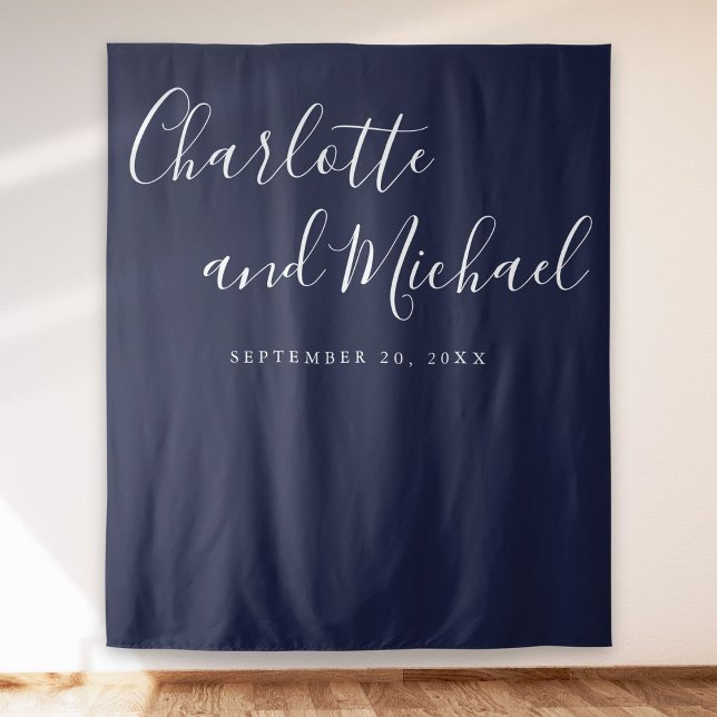 Hintergrund für das Blue Wedding Foto von Script N Wandteppich (Script Navy Blue Wedding Photo Booth Backdrop)