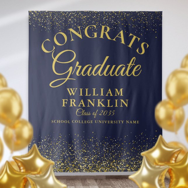 Hintergrund für das Foto von Navy Blue Gold Glitze Wandteppich (Navy Blue Gold Glitter Graduation Photo Backdrop)