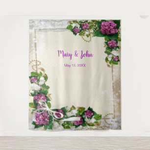 Hintergrund für lila Hydrangea- und Spitzenhochzei Wandteppich