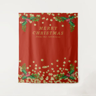Hintergrund Gold Rot Frohe Weihnachten Stechpalme Wandteppich
