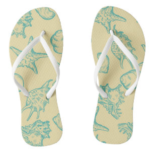 Hintergrund mit Muscheln. Hand gezeichnet Flip Flops