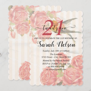 Hintergrund mit rosa Streifen, Rose und Colibri Einladung