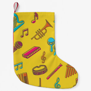 Hintergrund musikalischer Instrumente. Musiknoten. Kleiner Weihnachtsstrumpf