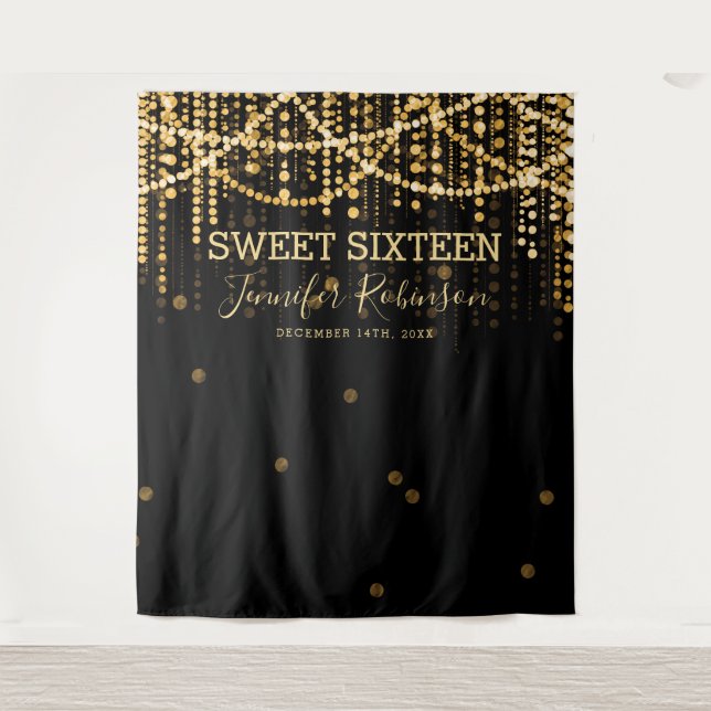 Hintergrund Sweet 16 Gold String Lights Wandteppich (Vorderseite)