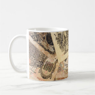 Hintergrund verschiedener Vintage-Banknoten aus Ru Kaffeetasse