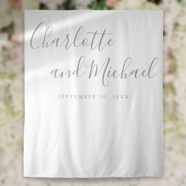 Hintergrundinformationen zum Thema Grün-Script-Hoc Wandteppich (Sage Green Script Wedding Photo Booth Backdrop)