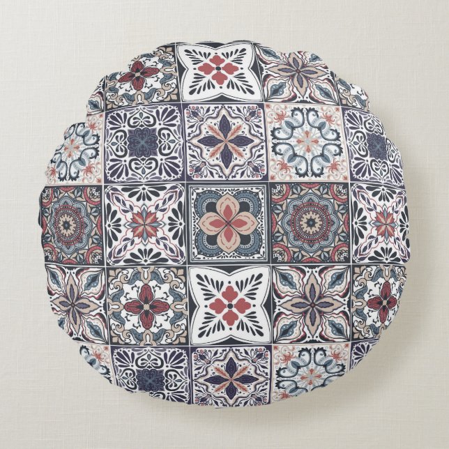 Hintergrundspuren/Talavera inspiriert Fliesen 2 Rundes Kissen (Vorderseite)