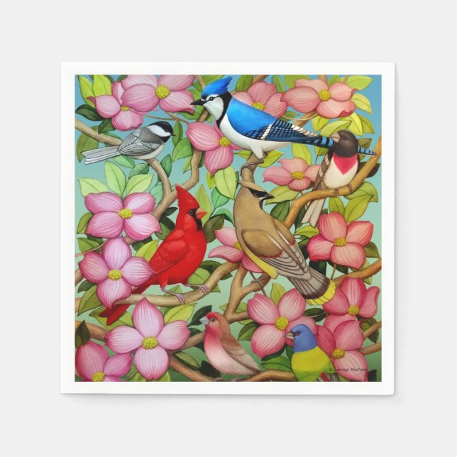 Hinterhof Wilde Vögel in Dogwood Paper Napkins Serviette (Vorderseite)