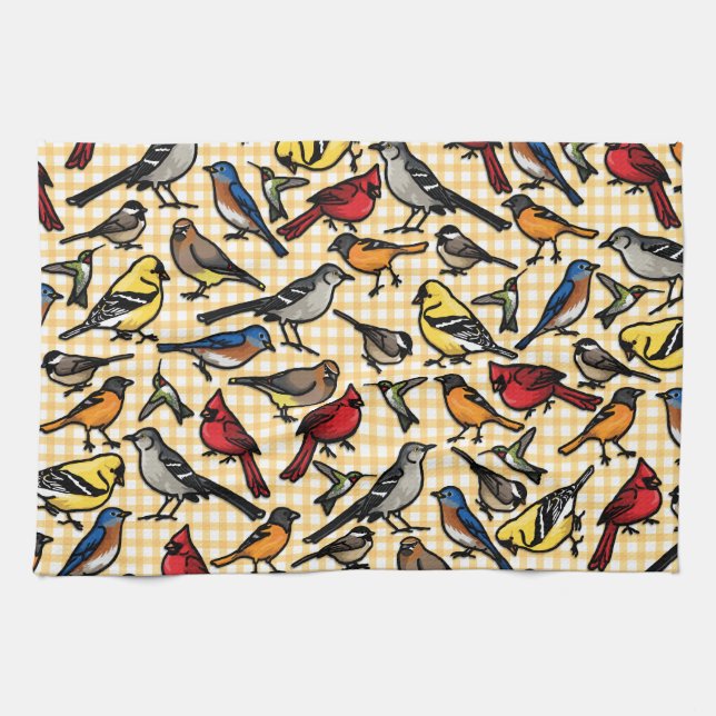 Hinterhofvögel auf dem Gelben Gingham Handtuch (Horizontal)