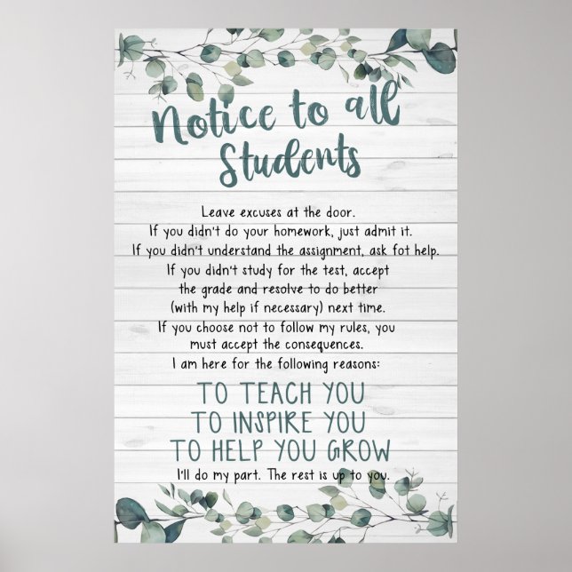 Hinweis an alle Schüler Poster für das Klassenzimm (Vorne)