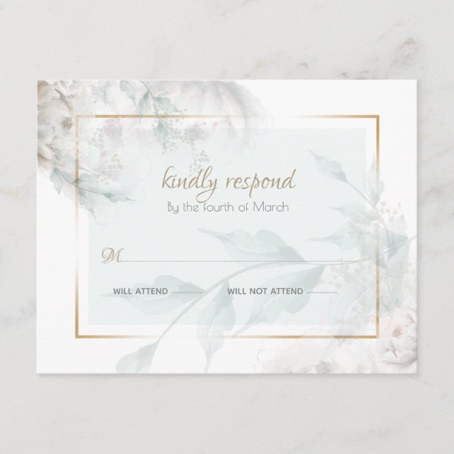 Hinweis auf farbige, weiße Peonies, grüne Folien Begleitkarte (Vorderseite)