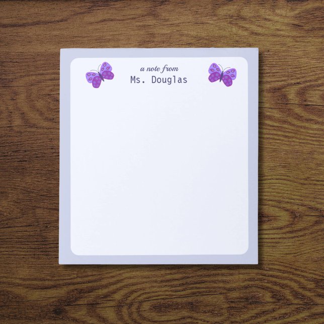Hinweis aus dem Lehrer-Editor Notizblock (Purple butterflies notepad for teacher.)