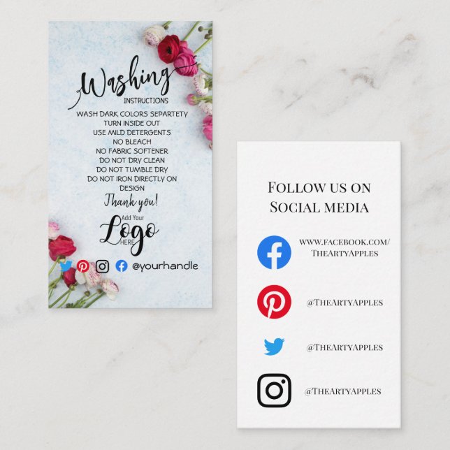HINWEIS FÜR DAS LOGO-Waschen CARE CARD-Blume Visitenkarte (Vorne/Hinten)