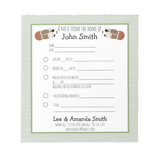 Hinweis für Sportball Notizblock (Vorderseite)