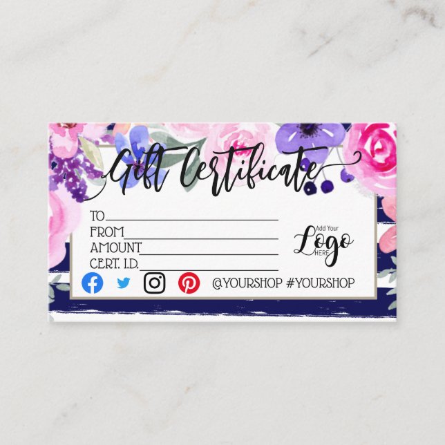 Hinzufügen IHRES LOGO-Geschenkgutschein-Marketings Visitenkarte (Vorderseite)