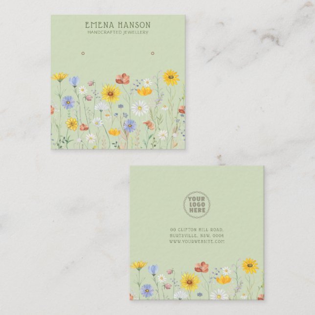 Hinzufügen Ihres Logos, Ohrringe, Wildblume-Grüne  Quadratische Visitenkarte (Vorne/Hinten)