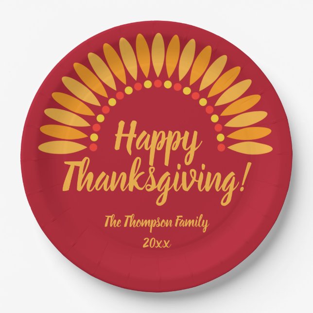 Hinzufügen Jahr glücklich Thanksgiving Yellows Red Pappteller (Vorderseite)