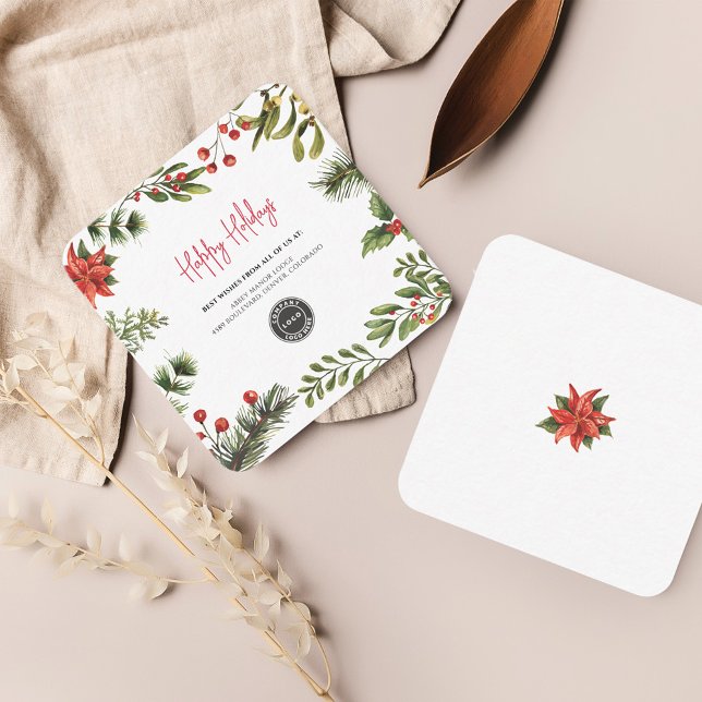 Hinzufügen von Firmenlogo-Mitarbeitern Weihnachtsf Mitteilungskarte (Happy Holidays Poinsettia Business Logo Christmas Mini Card)