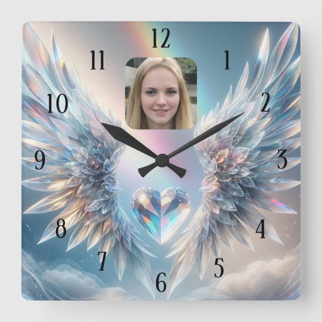 Hinzufügen von Foto Angel Wings Kristallherz Quadratische Wanduhr (Vorderseite)