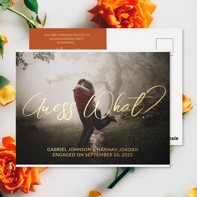 Hinzufügen von Foto-Engagement Partei Einladung Po (The front and back of the Add Photo Terracotta Engagement Announcement and Party Invitation postcard)