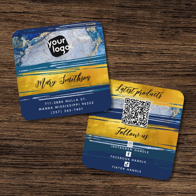 Hinzufügen von Logos, QR-Code und Social Media Gol Quadratische Visitenkarte (Von Creator hochgeladen)