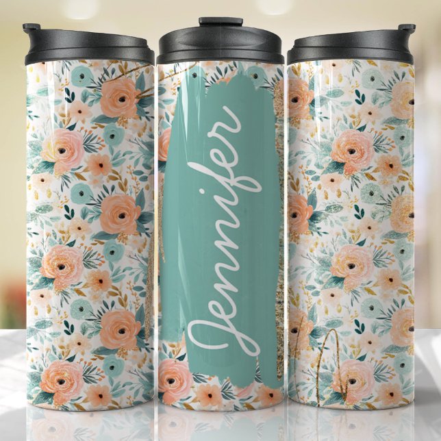 Hinzufügen von Name Peach-Rose Blumenbenutzerdefin Thermosbecher (Floral Tumbler )