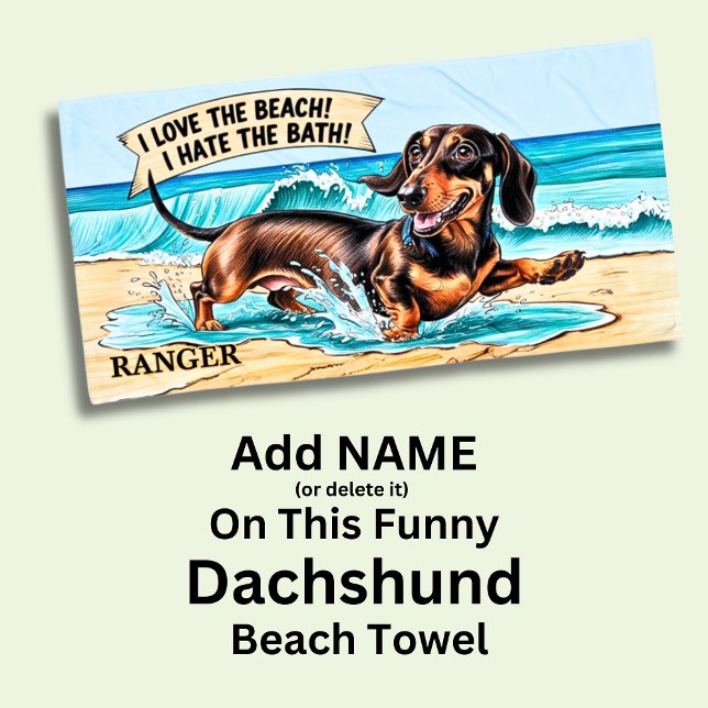 Hinzufügen von Namen, Dackel-Hund, der in Wellen l Strandtuch (Von Creator hochgeladen)