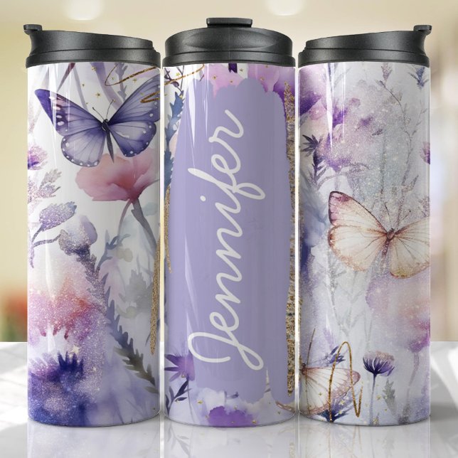 Hinzufügen von Namen Lila Schmetterling-Benutzerde Thermosbecher (Floral Personalized Tumbler)