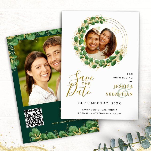 Hinzufügen von QR-Code Foto White Emerald & Gold E Save The Date (Von Creator hochgeladen)