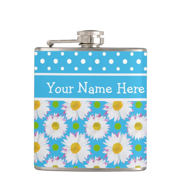 Hip Flask to Personalize: Polkas, Daisies on Blue Flachmann (Vorderseite)
