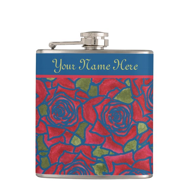 Hip Flask to Personalize: Rote Rosen über Navy Blu Flachmann (Vorderseite)
